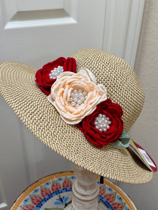 Elegant Women\'s Tweed Sun Hat With Satin Flowers And Pearls Wedding Tea Party main image 11